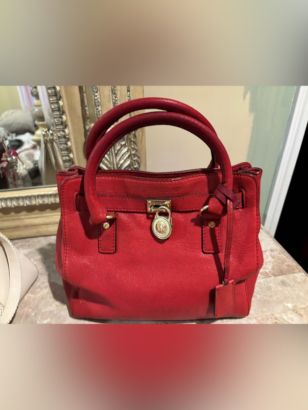Michael Kors Red Leather Satchel with Gold-Tone MK Lock